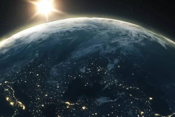 美丽的日出在地球3d 例证 — 图库照片