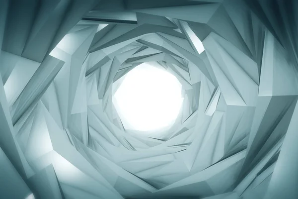 Абстрактний технологічний тунель. Срібний металевий конструктотон гострі кути з відображенням, камера обертається і рухається вперед до білого світла. Динамічний фон для 3d ілюстрації проекту — стокове фото