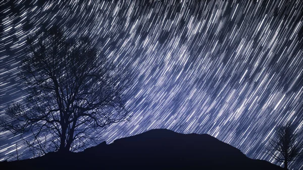 Un lapso de tiempo de una noche estrellada con una sombra de un árbol en primer plano y con un efecto de rastro estelar. 3d ilustración Elementos de esta imagen proporcionados por la NASA — Foto de Stock