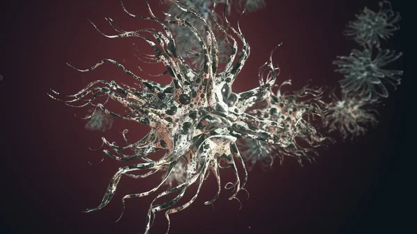 Bakterier virus eller bakterier mikroorganism cell under Mikroskop med djup 3d illustration — Stockfoto