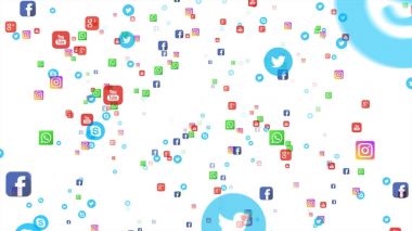 Editoryal 3d çizim: afiş facebook, instagram, youtube, skype, heyecan ve diğerleri gibi dünyanın en popüler sosyal medya uçan. Beyaz bir arka plan üzerinde.