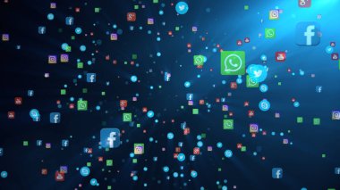 Siyah bir zemin üzerine yayın 3d çizim. Facebook, instagram, youtube, skype, heyecan ve diğerleri gibi dünyanın en popüler sosyal medya uçan afiş.