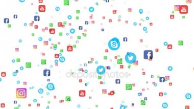Sorunsuz döngü editoryal animasyon: afiş facebook, instagram, youtube, skype, heyecan ve diğerleri gibi dünyanın en popüler sosyal medya uçan. Beyaz bir arka plan üzerinde.