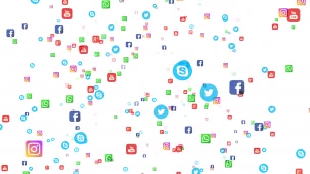 Animation éditoriale en boucle transparente : bannières volantes des médias sociaux les plus populaires au monde, tels que facebook, instagram, youtube, skype, twitter et autres. Sur fond blanc . — Video