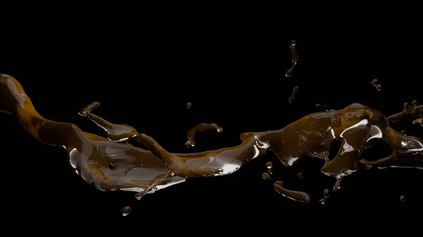 Um fluxo de chocolate derretido derramando em um fundo preto ilustração 3d — Fotografia de Stock