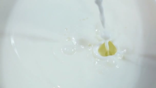 Gieten van verse melk in schone gerechten in slow motion — Stockvideo