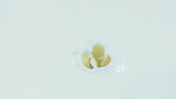 Одна журавлина впадає в молоко з йогуртом у повільному русі — стокове відео