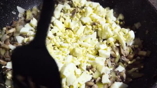 Preparation of food, mushrooms and onions are fried in a pan, stirring in slow motion, adding a boiled egg — Stock Video