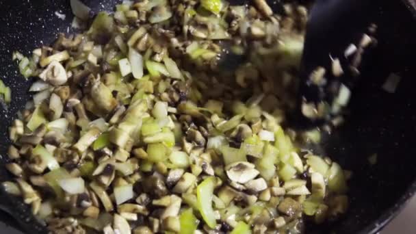Příprava potravin, hub a cibule jsou smažené na pánvi za stálého míchání v pomalém pohybu — Stock video