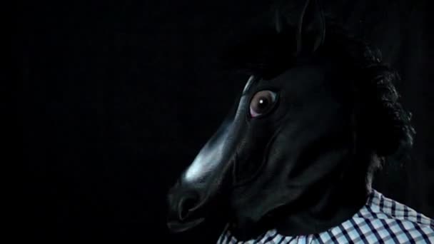 Strike a hand over the muzzle of the horses mask in slow motion on a black background — Stock Video