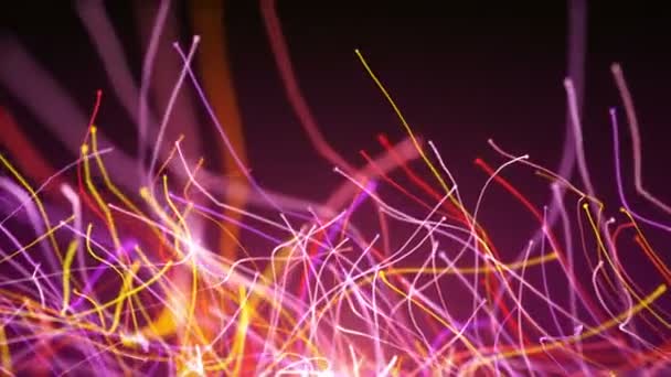 Seamless abstract rotation of colorful curved lines of fiber-optic wires and particles around the camera — Stock Video