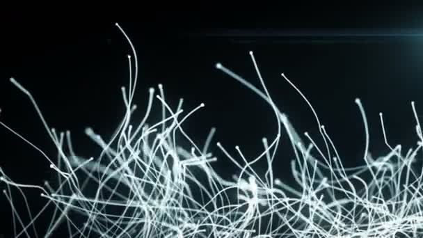 Seamless abstract rotation of curved lines of fiber-optic wires and particles around the camera — Stock Video
