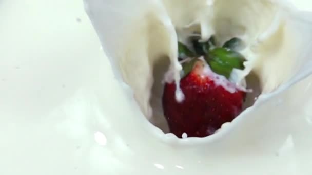 Fresa cayendo en crema lechosa en cámara lenta — Vídeos de Stock