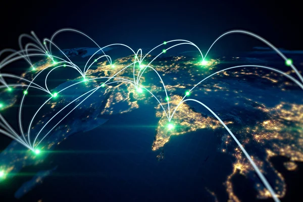 世界の 3 d 図で情報転送と接続のグローバル ビジネス コンセプト — ストック写真
