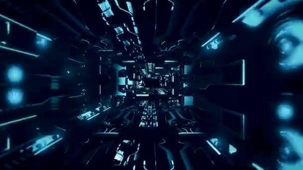 Vliegen binnenkant van futuristische metalen corridor — Stockvideo