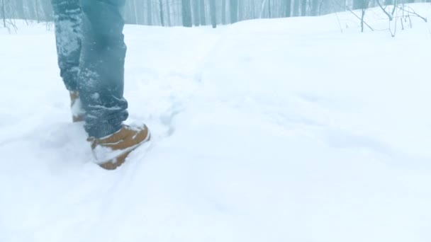 Caminhando pés em botas em uma paisagem de inverno em câmera lenta, um passeio de inverno nas montanhas, turismo de férias, neve caindo — Vídeo de Stock