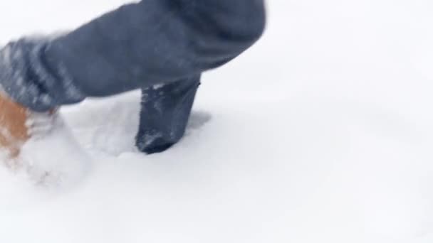 Caminhando pés em botas em uma paisagem de inverno em câmera lenta, um passeio de inverno nas montanhas, turismo de férias, neve caindo — Vídeo de Stock