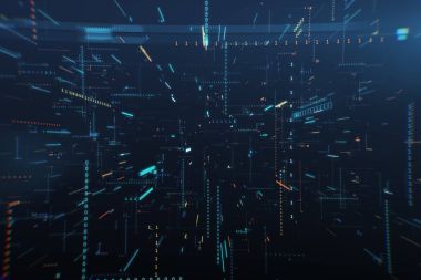 Bir kaotik teknolojik alan 3d resimde ikili kod arasında sonsuz uçuş