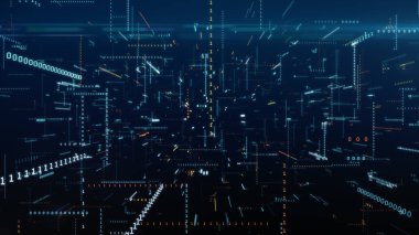 Bir kaotik teknolojik alan 3d resimde ikili kod arasında sonsuz uçuş