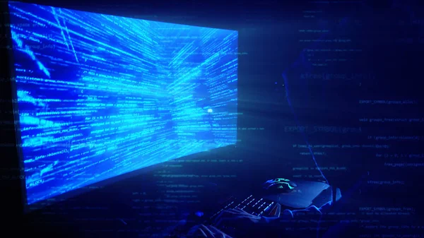 Человек-хакер в капюшоне в темной комнате работает с программным кодом — стоковое фото