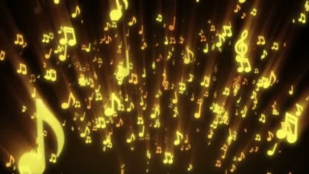 Абстрактний потік золотих музичних нот, що летять у камеру — стокове відео
