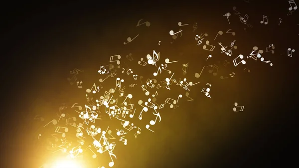 Floating musical notes on an abstract gold background with flares 3d illustration — Stock Photo, Image