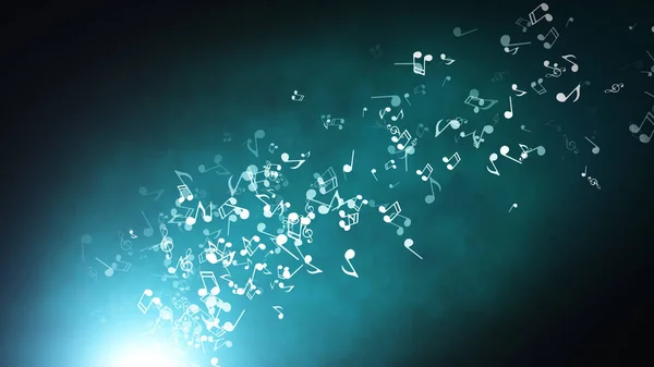 Flutuante notas musicais em um fundo azul abstrato com flares ilustração 3d — Fotografia de Stock