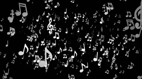 Notas musicais brancas se movem para a câmera em um fundo preto ilustração 3d — Fotografia de Stock