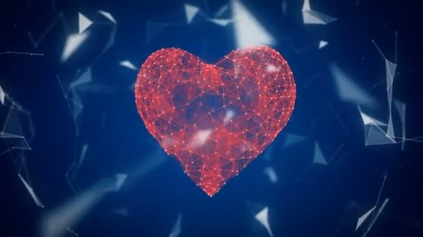 Un icono rojo del corazón digital se forma a partir de partículas en una nube de red — Vídeos de Stock