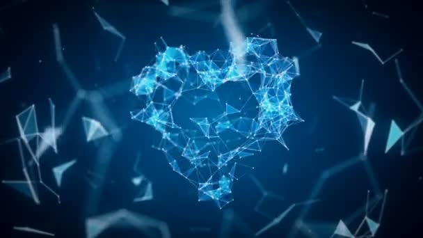 Hjärtikonen för digitala bildas från partiklar i ett nätverk moln — Stockvideo