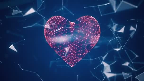 El icono del corazón digital se forma a partir de partículas en una nube de red — Vídeo de stock