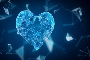 Dijital kalp simgesi saçılan çizgileri ve noktaları ağ bulutu içinde oluşturulur. Teknoloji 3d illüstrasyon kalp