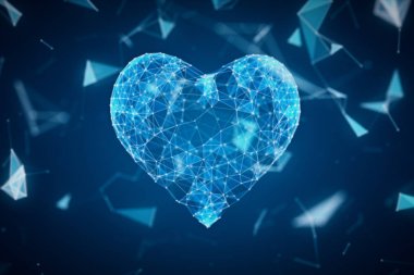 Dijital kalp simgesi saçılan çizgileri ve noktaları ağ bulutu içinde oluşturulur. Teknoloji 3d illüstrasyon kalp