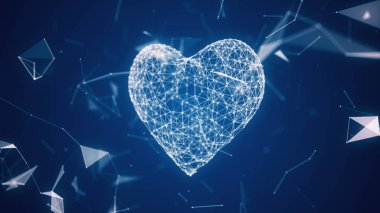 Dijital kalp simgesi saçılan çizgileri ve noktaları ağ bulutu içinde oluşturulur. Teknoloji 3d illüstrasyon kalp