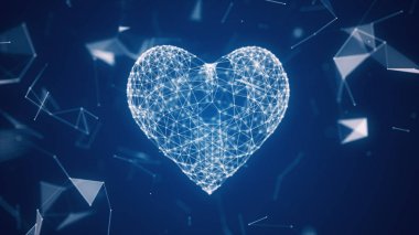 Dijital kalp simgesi saçılan çizgileri ve noktaları ağ bulutu içinde oluşturulur. Teknoloji 3d illüstrasyon kalp