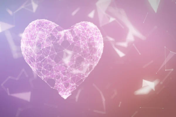 L'icona del cuore digitale è formata da particelle in una nuvola di linee e punti in toni pastello. Il cuore della tecnologia illustrazione 3d — Foto Stock