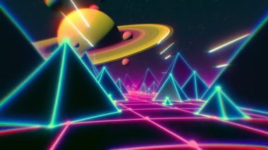 Şebeke üzerinde geçmişe dönük fütürist uçuş, pürüzsüz arka plan 80 'ler retro fantezi.