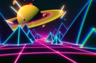 Kılavuz, 3d resimde arka plan 80s retro fantastik üzerinde Retro futuristik uçuş.