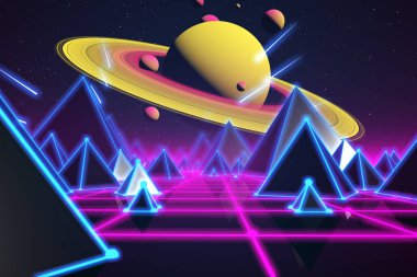 Kılavuz, 3d resimde arka plan 80s retro fantastik üzerinde Retro futuristik uçuş.