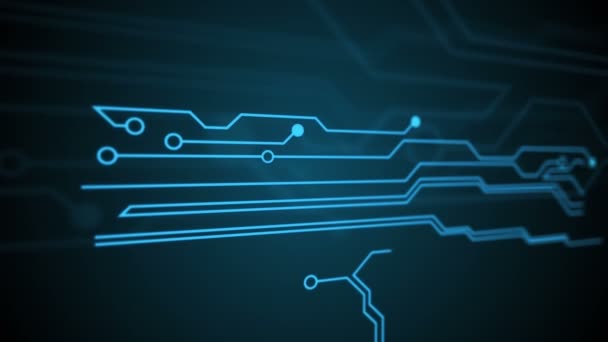 Las líneas azules dibujadas por puntos brillantes crean una imagen abstracta de una placa de circuito — Vídeos de Stock