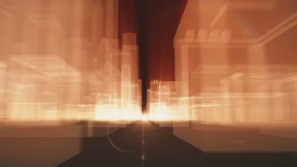 Безшовний політ у футуристичному технологічному місті з прозорими неоновими будівлями — стокове відео