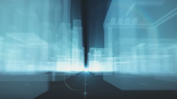 Безшовний політ у футуристичному технологічному місті з прозорими неоновими будівлями — стокове відео