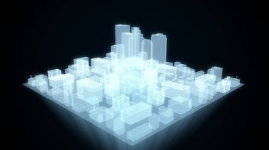 Soyut fütüristik şehir hologram siyah arka plan 3d çizim üzerinde
