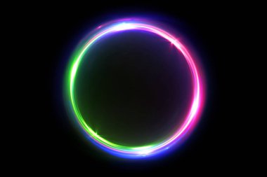 Soyut çok renkli 3d çizim neon arka plan parlak parlayan dönen daireler. Siyah zarif. Etrafında halo. Eşyalar. Parçacık kıvılcım. Uzay tüneli. LED renk elips. Glint glitter.