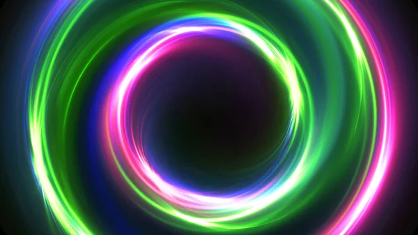 Ilustrasi 3d multiwarna abstrak Latar belakang neon bercahaya berputar-putar lingkaran bercahaya. Hitam elegan. Halo sekitar. Tenaga terisolasi. Percikan api khususnya. Terowongan luar angkasa. Warna elips LED. Gemerlap Glint . — Stok Foto