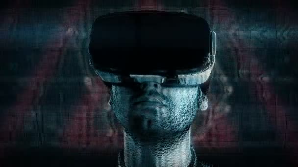 Hologram of a young man with digital disturbances in virtual reality glasses — Stock Video