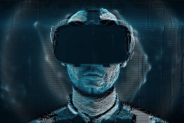 Sanal gerçeklik bardaklarda dijital bozuklukları genç bir adamla konuşan bir hologram
