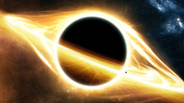 Light around a black hole in space and a planet that tightens into a black hole 3d illustration clipart