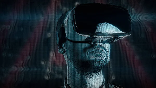 Ett talande hologram av en ung man med digitala störningar i virtual reality-glasögon — Stockfoto