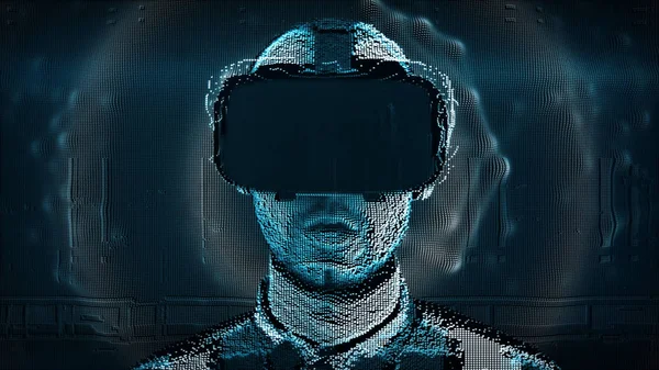 Sanal gerçeklik bardaklarda dijital bozuklukları genç bir adamla konuşan bir hologram — Stok fotoğraf